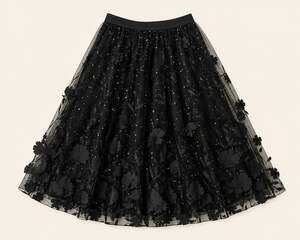 S.DEER Black 3D Floral Mesh Midi Skirt Dark Romance Goth Size L NWT